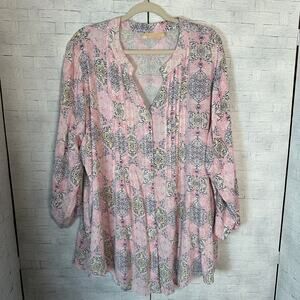 LA Cera tunic blouse pen tuck pleading pink purple feminine bohemian plus size